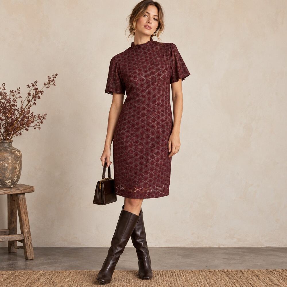Vintage 1960s Burgundy Floral Lace Mod Shift Dress Gray Lining M